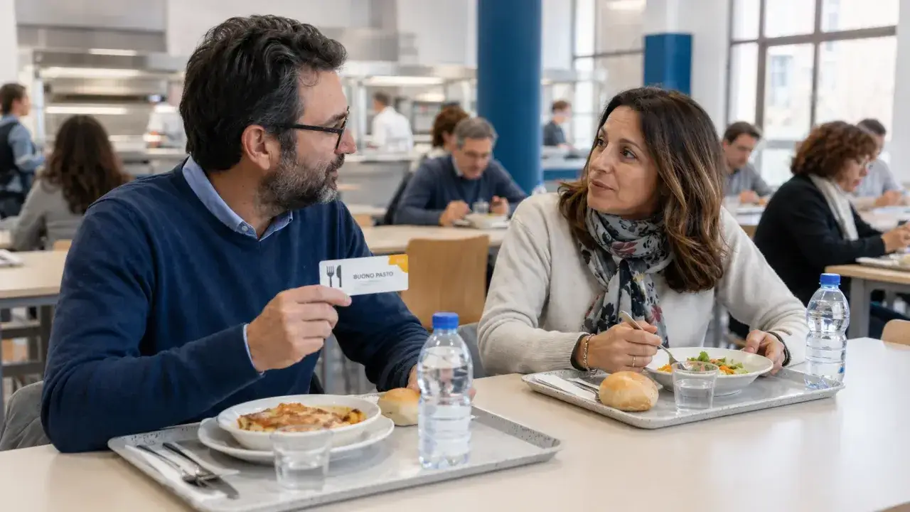 Coppia discute a pranzo, lui mostra un buono pasto, forse per il personale ATA.
