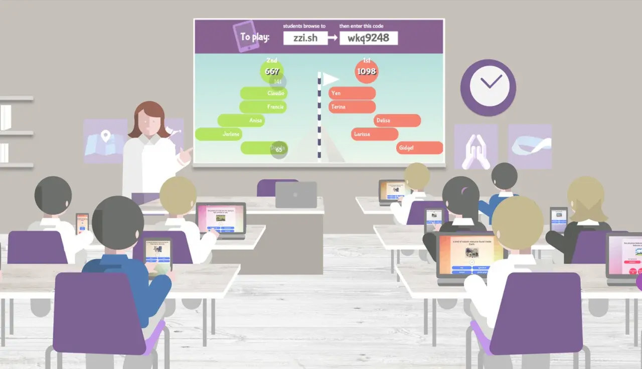 Aula con studenti che giocano a Kahoot su tablet e laptop. La lavagna mostra il codice per giocare.