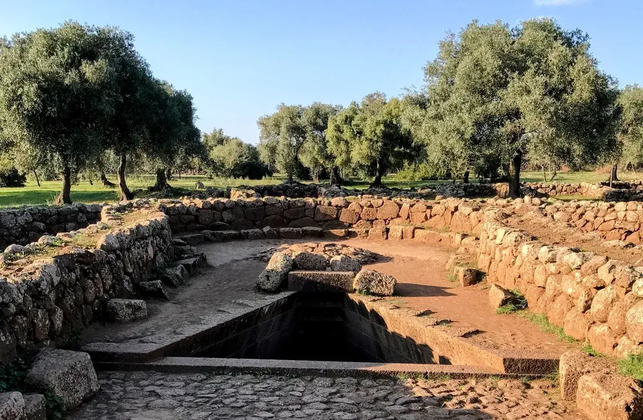 Antichi pozzi sacri in Sardegna, con mura in pietra e alberi d'ulivo sullo sfondo.