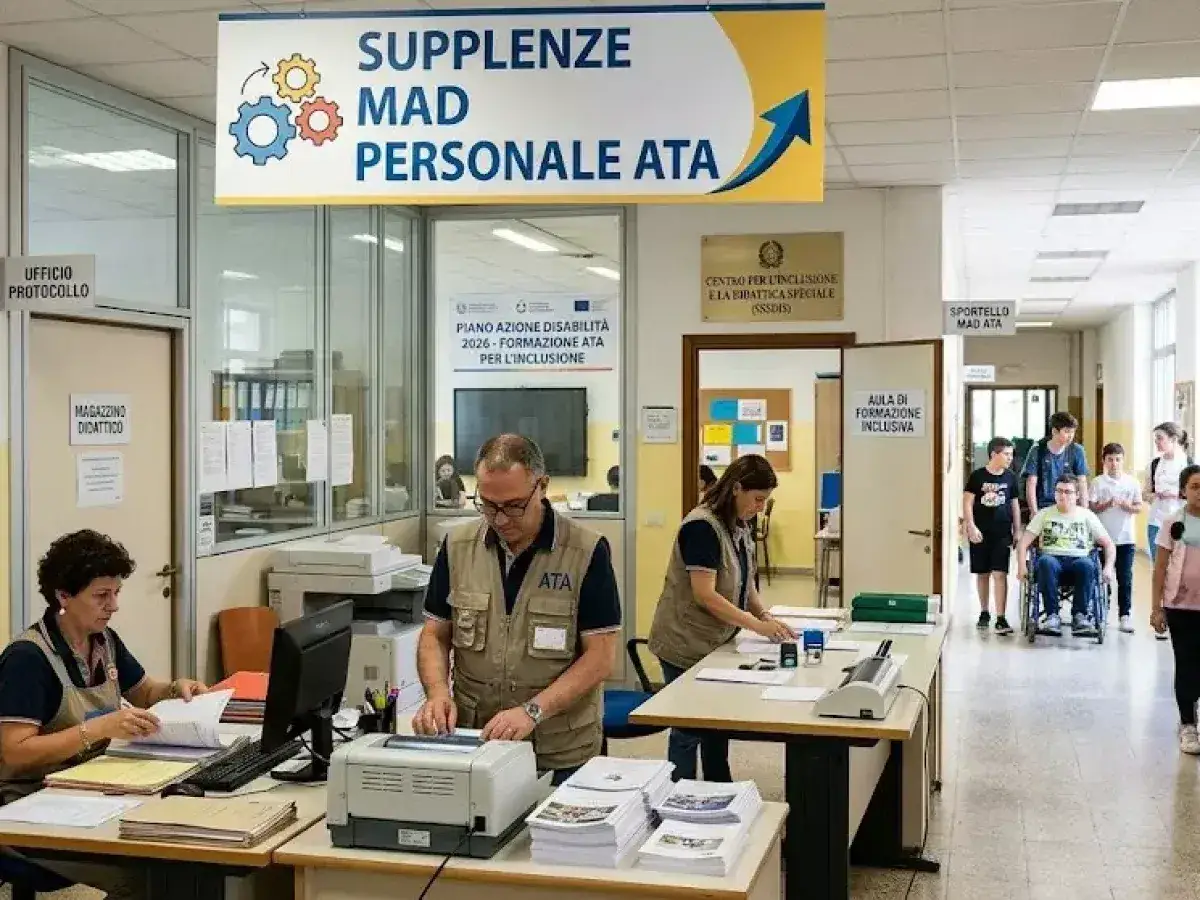 Personale ATA in ufficio, con cartello 