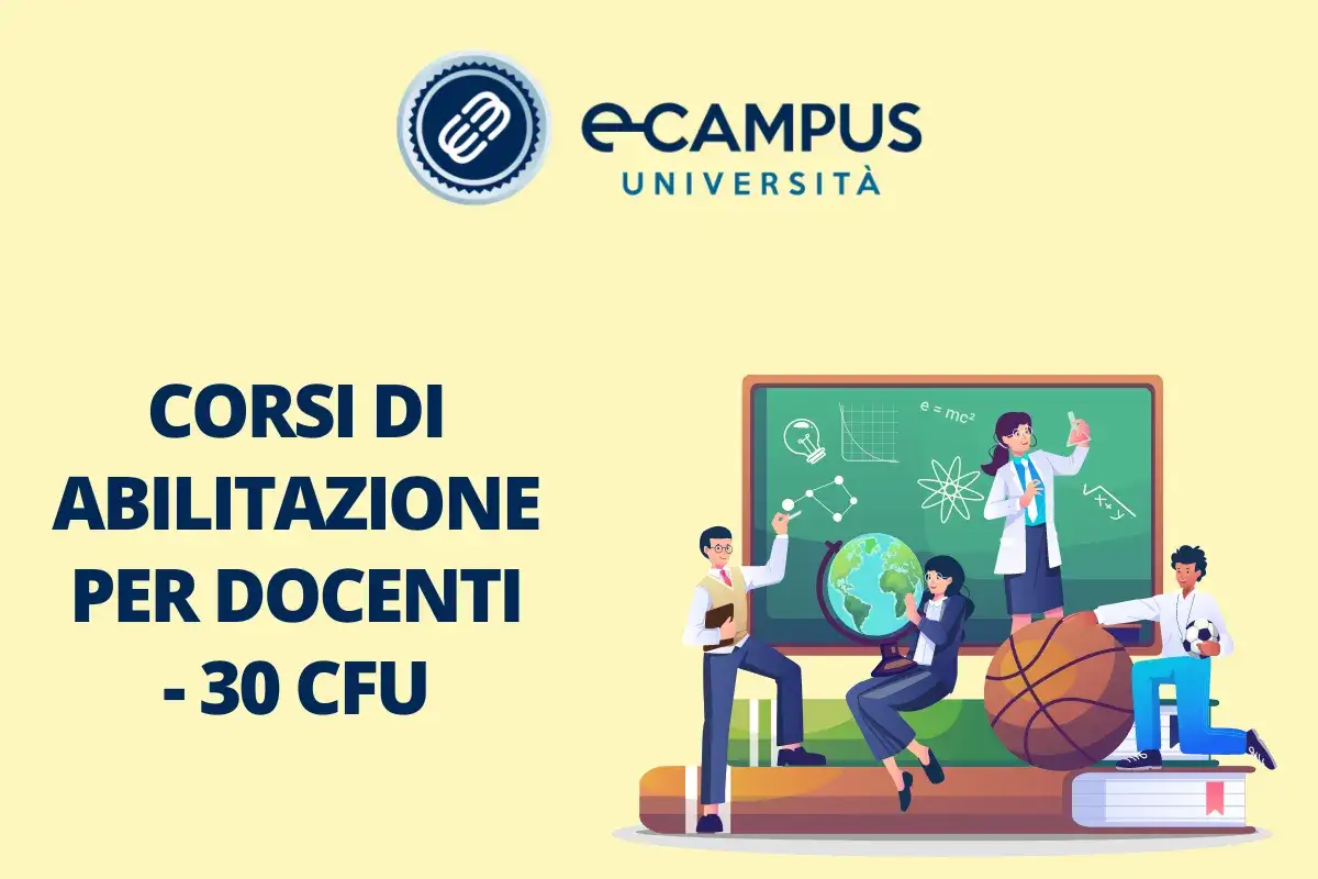 Corsi di abilitazione per docenti - 30 CFU. Illustrazione di insegnanti e studenti con lavagna, globo e pallone da basket.