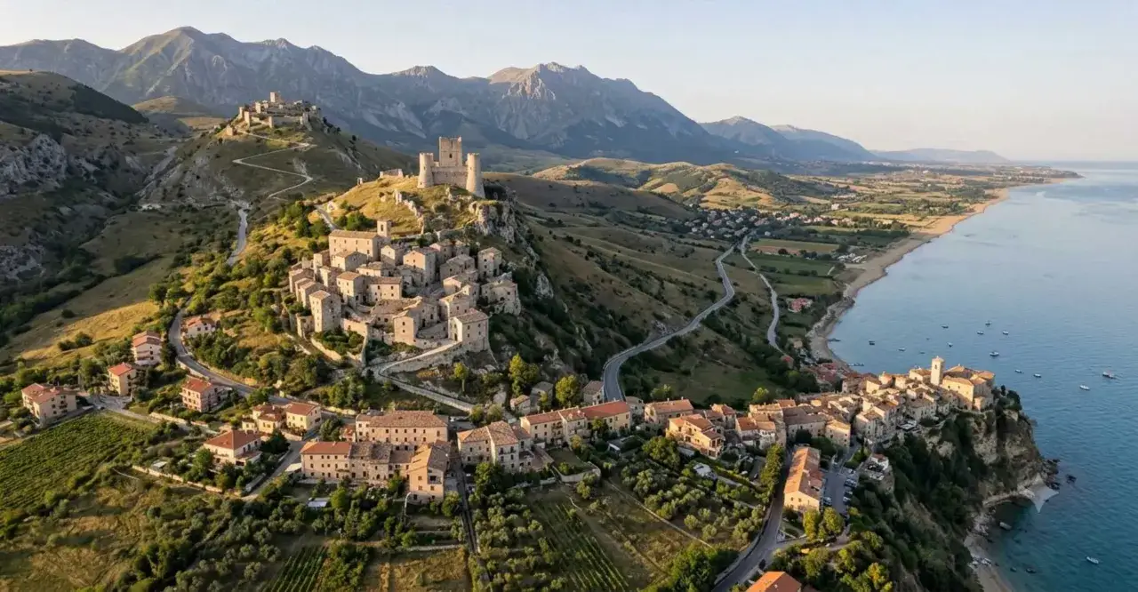 Borgo medievale di Santo Stefano di Sessanio arroccato su una collina, con castello in cima e vista sul mare.