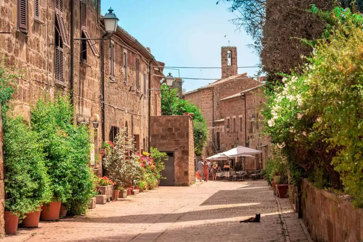 Un vicolo fiorito in uno dei borghi vicino Capalbio. Case in pietra, un campanile e un gatto nero che riposa al sole.